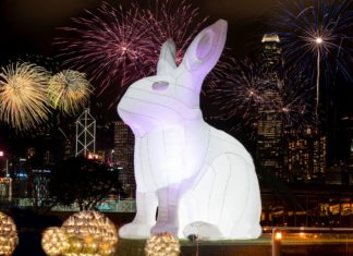 Riesige weiße Hasen erleuchten nächtliches Hongkong