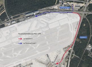 Alle Wege führen nach Süden: Öffentliche Straße „Am Luftbrückendenkmal“ verbindet Gateway Gardens mit dem Terminal 3 am Flughafen Frankfurt